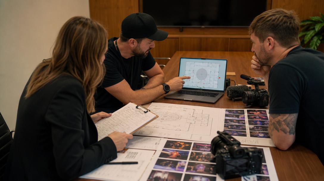 Event organizer briefing video crew before an event